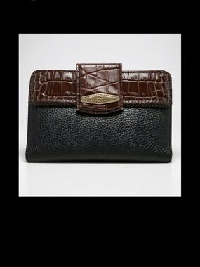Brighton Vintage Leather Croc Wallet Embossed Brown Black Bi-Fold Checkbook